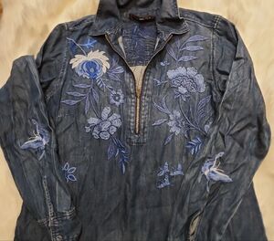 Johnny Was Indigo Denim Tunic with Blue Floral Embroidery